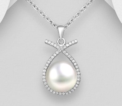 925 Sterling Silver Pendant, Decorated with CZ Simulated Diamonds and Reconstructed Shell