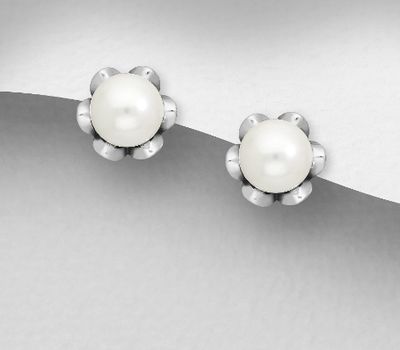 925 Sterling Silver Push-Back Earrings, Decorated with Reconstructed Shell