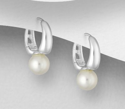 925 Sterling Silver Hoop Earrings, Decorated with Simulated Pearls