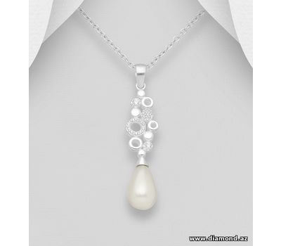 925 Sterling Silver Circle Pendant, Decorated with Simulated Pearl and CZ Simulated Diamonds