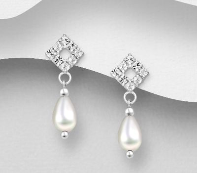 925 Sterling Silver Push-Back Earrings, Decorated with Simulated Pearl and Crystal Glass