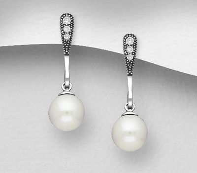 Malın səhifəsinə keç 925 Sterling Silver Oxidized Push-Back Earrings, Decorated with CZ Simulated Diamonds and Reconstructed Shell