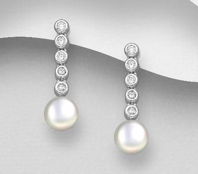 925 Sterling Silver Push-Back Earrings, Decorated with Reconstructed Shells and CZ Simulated Diamonds