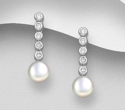 Şəkli böyütmək üçün tiklayın 925 Sterling Silver Push-Back Earrings, Decorated with Reconstructed Shells and CZ Simulated Diamonds