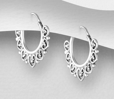 Şəkli böyütmək üçün tiklayın 925 Sterling Silver Oxidized Hoop Earrings Featuring Heart and Swirl Design
