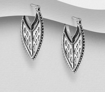 925 Sterling Silver Oxidized Hoop Earrings, Featuring Clover Design