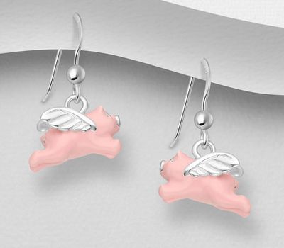 925 Sterling Silver Pig Hook Earrings, Decorated with Colored Enamel
