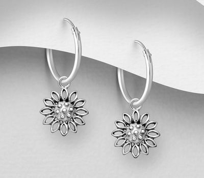 925 Sterling Silver Oxidized Flower Hoop Earrings