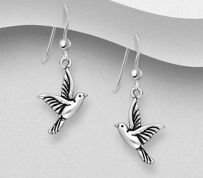 925 Sterling Silver Oxidized Bird Hook Earrings
