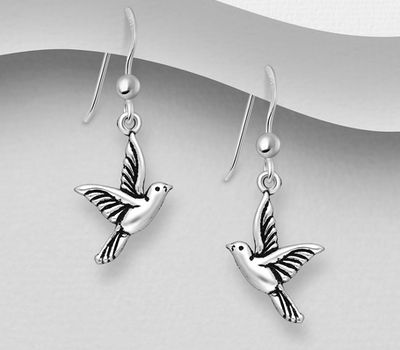 Şəkli böyütmək üçün tiklayın 925 Sterling Silver Oxidized Bird Hook Earrings