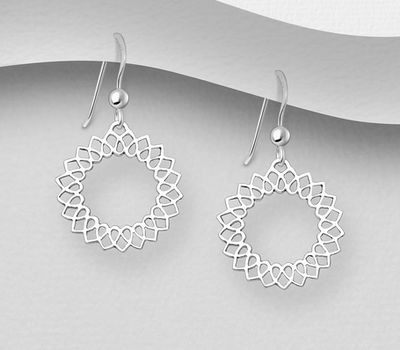 925 Sterling Silver Circle Hook Earrings Featuring Lotus Design