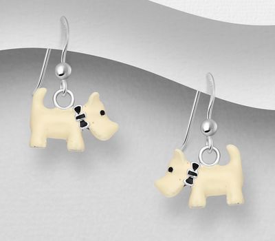 925 Sterling Silver Dog Hook Earrings, Decorated with Colored Enamel