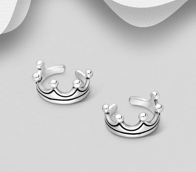 925 Sterling Silver Oxidized Crown Ear Cuffs