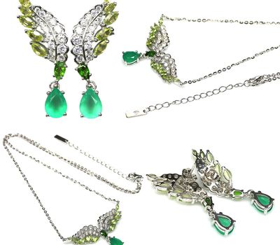 Şəkli böyütmək üçün tiklayın Təbii Yaşıl Əqiq, Peridot, Diopsid və CZ ilə bəzədilmiş 925 əyar Gümüş Dəst: Sırğa və kolye.