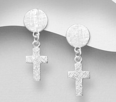 925 Sterling Silver Matt Push-Back Earrings, Featuring Cross and Circle