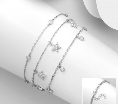 925 Sterling Silver Layered Dangle Bracelet Featuring Star Decorated with CZ Simulated Diamonds