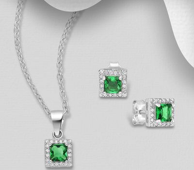 Şəkli böyütmək üçün tiklayın 925 Sterling Silver Square Halo Push-Back Earrings and Pendant Jewelry Set, Decorated with CZ Simulated Diamonds