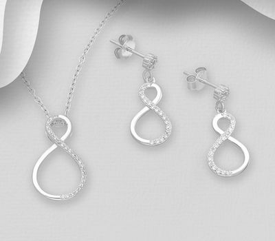 925 Sterling Silver Set of Infinity Push-Back Earrings and Pendant Decorated CZ Simulated Diamonds