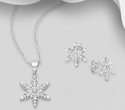 925 Sterling Silver Snowflake Push-Back Earrings and Pendant Jewelry Set, Decorated with CZ Simulated Diamonds