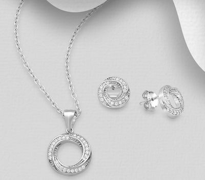 925 Sterling Silver Circle Push-Back Earrings and Pendant Jewelry Set, Decorated with CZ Simulated Diamonds