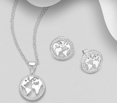 925 Sterling Silver World Map Set of Push-Back Earrings and Pendant Decorated with CZ