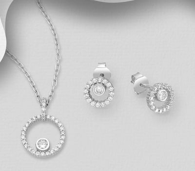 925 Sterling Silver Hoop Earrings and Pendant Jewelry Set, Decorated CZ Simulated Diamonds