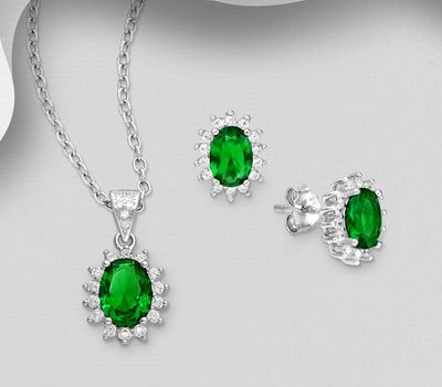 925 Sterling Silver Oval Halo Push-Back Earrings and Pendant, Decorated with CZ Simulated Diamonds