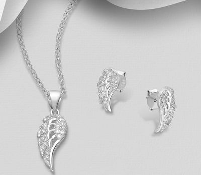 925 Sterling Silver Wings Push-Back Earrings and Pendant Jewelry Set, Decorated with CZ Simulated Diamonds