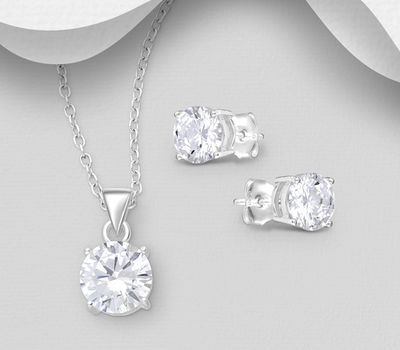 925 Sterling Silver Push-Back Earrings and Pendant Jewelry Set, Decorated with CZ Simulated Diamonds