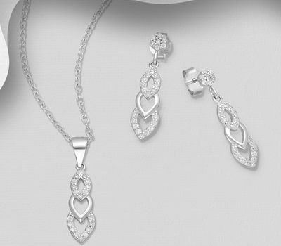 925 Sterling Silver Set of Push-Back Earrings and Pendant Decorated with CZ Simulated Diamonds
