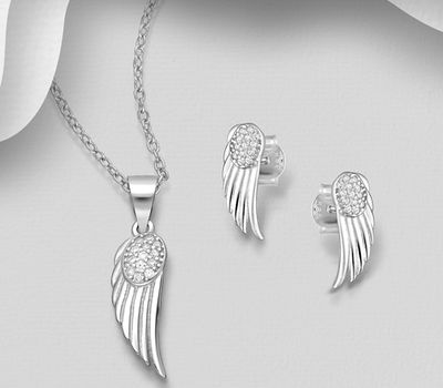 925 Sterling Silver Push-Back Wings Earrings and Pendant Jewelry Set, Decorated with CZ Simulated Diamonds
