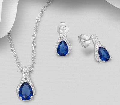 925 Sterling Silver Set of Push-Back Earrings and Pendant Decorated and CZ Simulated Diamonds