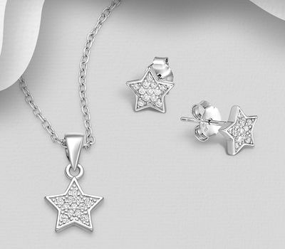 925 Sterling Silver Star Star Push-Back Earrings and Pendant Jewelry Set, Decorated with CZ Simulated Diamonds