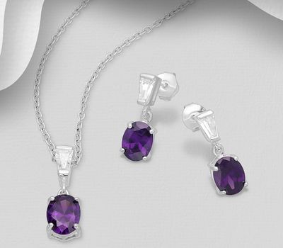 925 Sterling Silver Push-Back Earrings and Pendant Jewelry Set, Decorated with Various Color CZ Simulated Diamonds