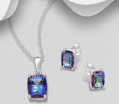 925 Sterling Silver Set of Earrings and Pendant Decorated with Lab-Created Mystic Topaz