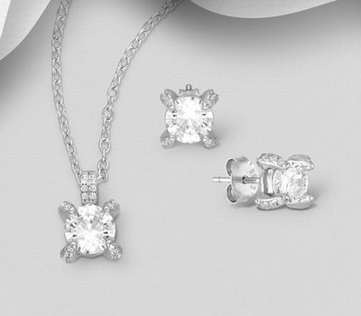 925 Sterling Silver Push-Back Earrings and Pendant Decorated with CZ Simulated Diamonds