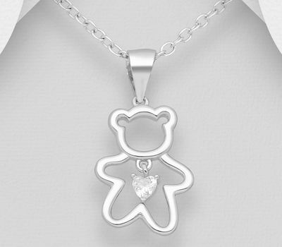 925 Sterling Silver Bear and Heart Pendant, Decorated with CZ Simulated Diamonds