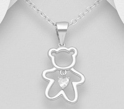 Şəkli böyütmək üçün tiklayın 925 Sterling Silver Bear and Heart Pendant, Decorated with CZ Simulated Diamonds