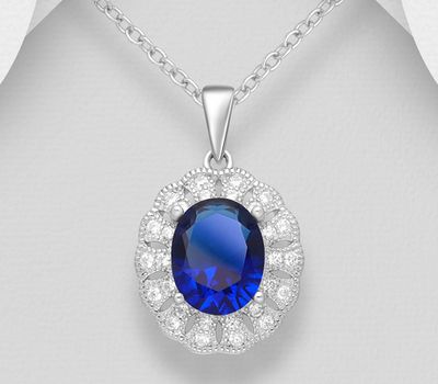 925 Sterling Silver Oval Halo Pendant, Decorated with Various Color CZ Simulated Diamonds