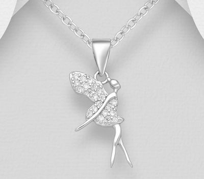 925 Sterling Silver Fairy Pendant, Decorated with CZ Simulated Diamonds