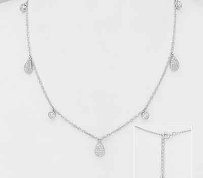 925 Sterling Silver Necklace, Featuring Droplet Charm, Decorated with CZ Simulated Diamonds
