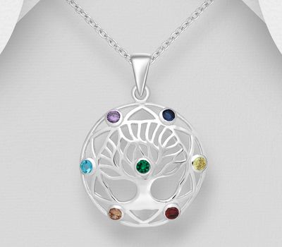 925 Sterling Silver Chakra and Tree of Life Pendant, Decorated with Colorful CZ Simulated Diamonds