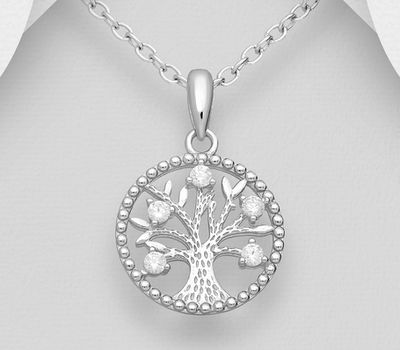 925 Sterling Silver Tree Of Life Pendant, Decorated with CZ Simulated Diamonds