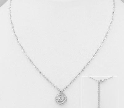 925 Sterling Silver Crescent Moon and Star Necklace, Decorated with CZ Simulated Diamonds