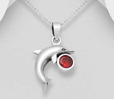 925 Sterling Silver Oxidized Dolphin Pendant, Decorated with Various Color CZ Simulated Diamond