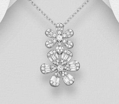 925 Sterling Silver Flower Pendant, Decorated with CZ Simulated Diamonds