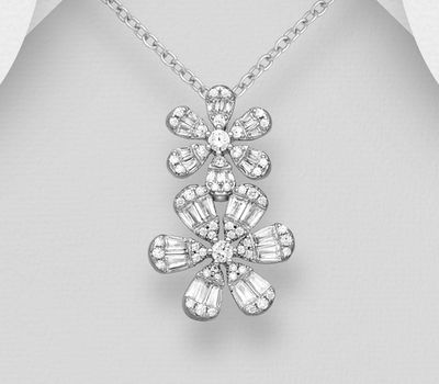 Şəkli böyütmək üçün tiklayın 925 Sterling Silver Flower Pendant, Decorated with CZ Simulated Diamonds