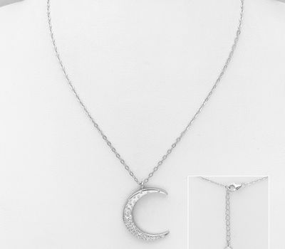 925 Sterling Silver Crescent Moon Necklace, Decorated with CZ Simulated Diamonds