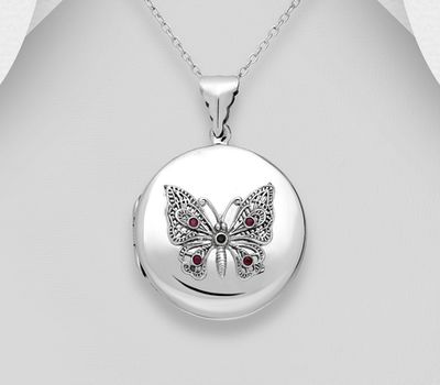 925 Sterling Silver Locket Pendant Featuring Butterfly Decorated with Colorful CZ Simulated Diamonds