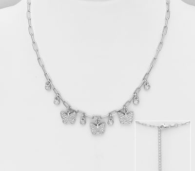 925 Sterling Silver Necklace, Featuring Butterfly, Decorated with CZ Simulated Diamonds